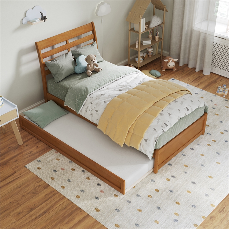 Emelie Twin Platform Bed with Panel Footboard & Twin Trundle in Light Toffee
