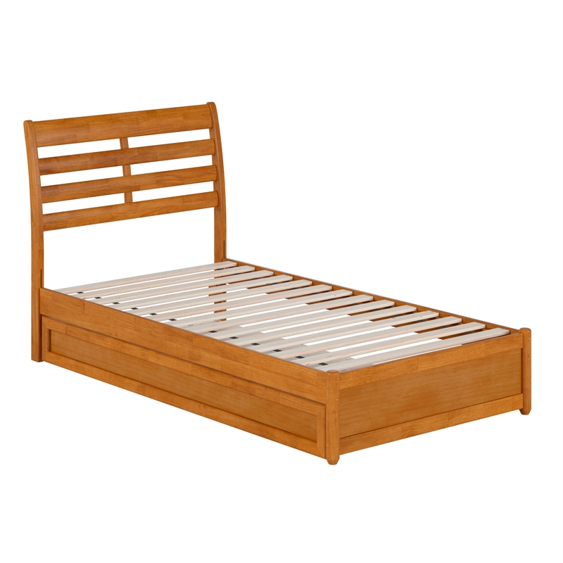 Emelie Twin Platform Bed with Panel Footboard & Twin Trundle in Light Toffee