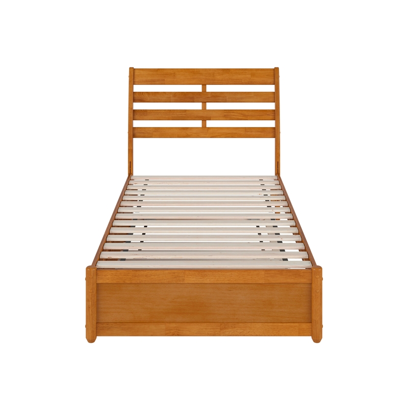 Emelie Twin Platform Bed with Panel Footboard & Twin Trundle in Light Toffee