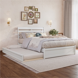 Emelie Full Wood Platform Bed with Panel Footboard and Twin Trundle in White