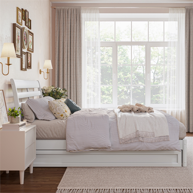 Emelie Full Wood Platform Bed with Panel Footboard and Twin Trundle in White