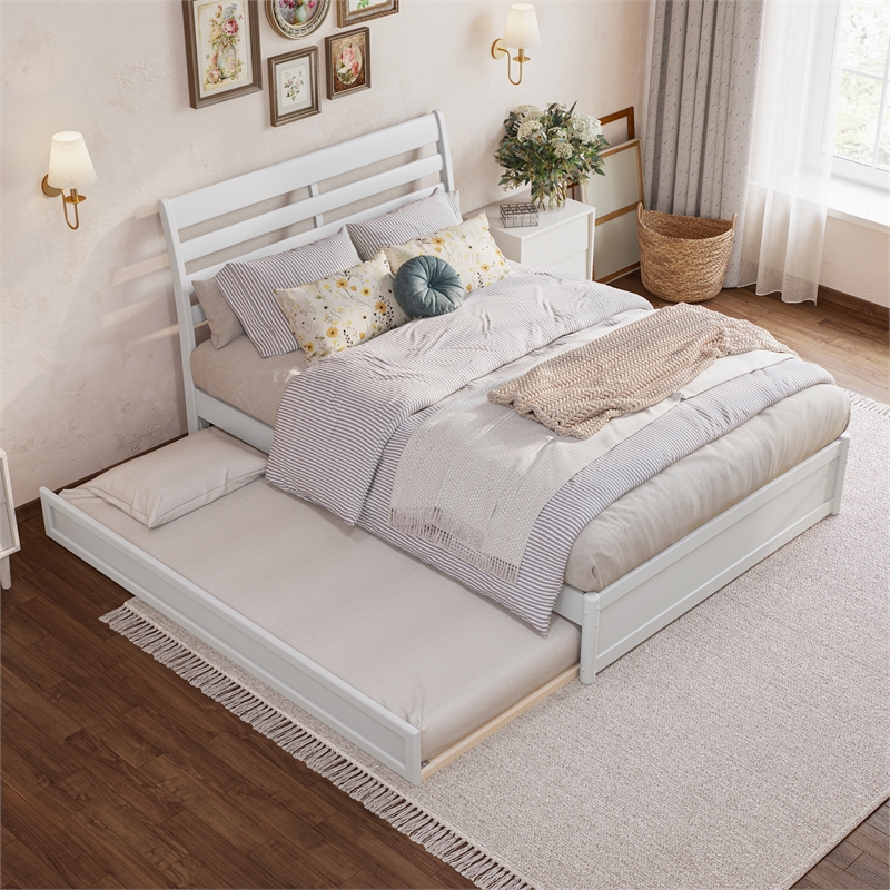 Emelie Full Wood Platform Bed with Panel Footboard and Twin Trundle in White
