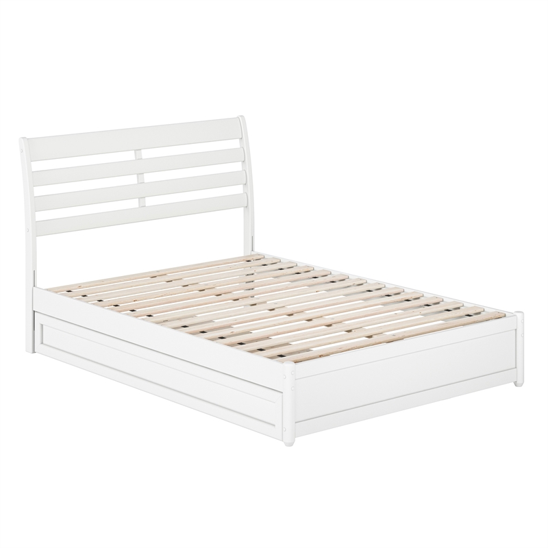 Emelie Full Wood Platform Bed with Panel Footboard and Twin Trundle in White
