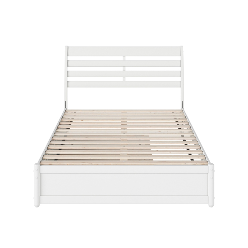 Emelie Full Wood Platform Bed with Panel Footboard and Twin Trundle in White