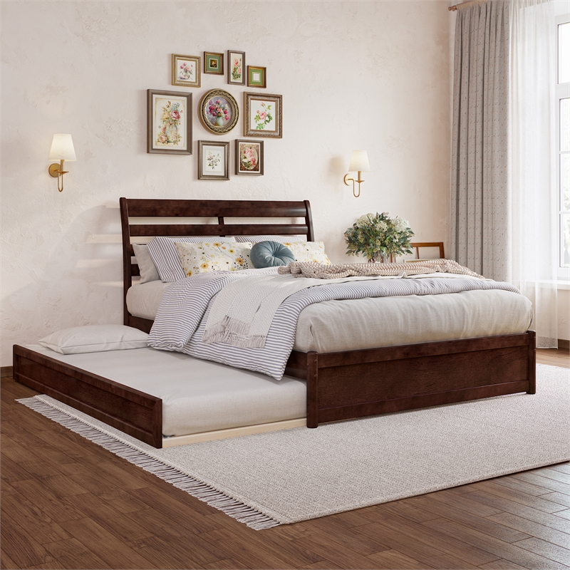 Emelie Full Wood Platform Bed with Panel Footboard and Twin Trundle in Walnut