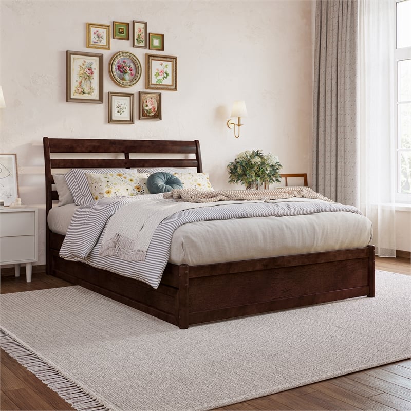 Emelie Full Wood Platform Bed with Panel Footboard and Twin Trundle in Walnut