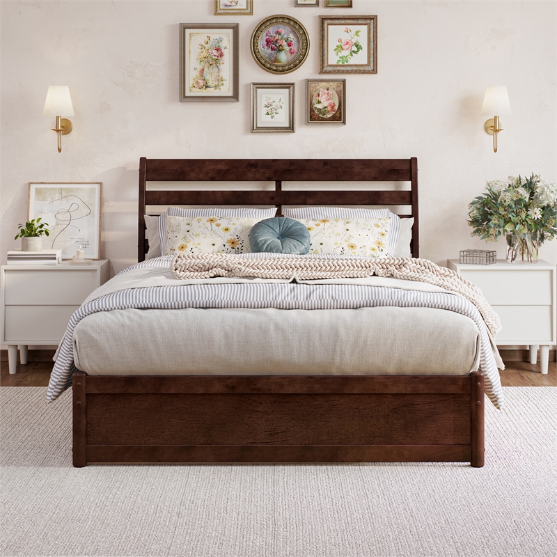 Emelie Full Wood Platform Bed with Panel Footboard and Twin Trundle in Walnut