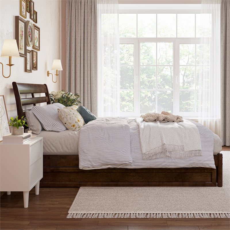 Emelie Full Wood Platform Bed with Panel Footboard and Twin Trundle in Walnut