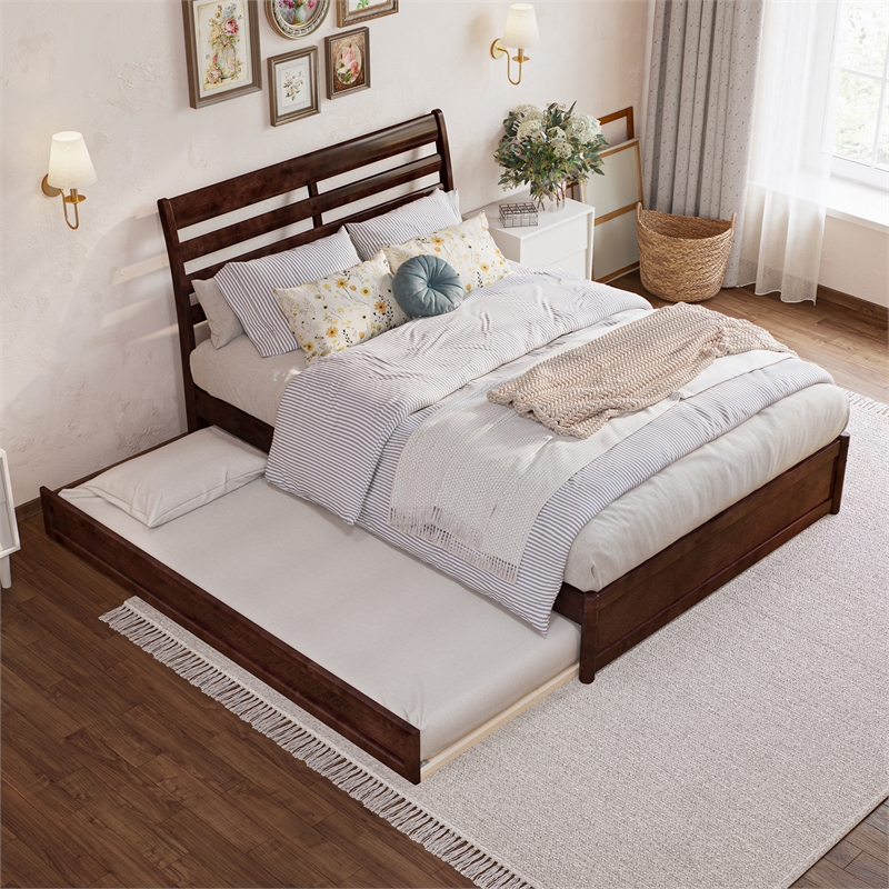 Emelie Full Wood Platform Bed with Panel Footboard and Twin Trundle in Walnut