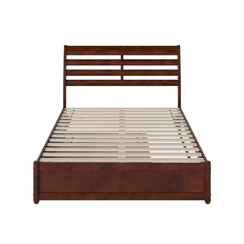 Emelie Full Wood Platform Bed with Panel Footboard and Twin Trundle in Walnut