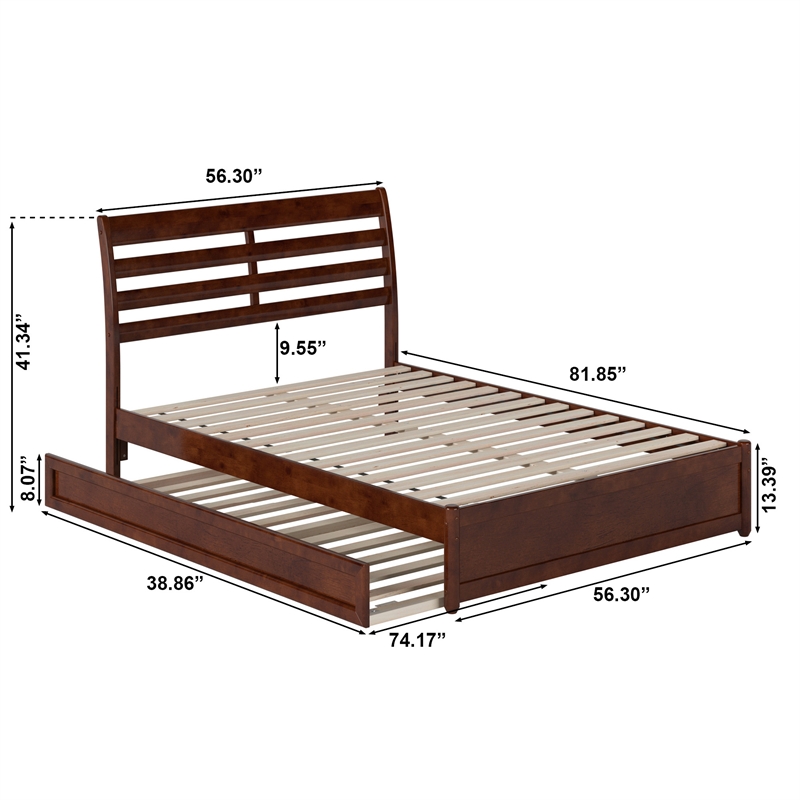 Emelie Full Wood Platform Bed with Panel Footboard and Twin Trundle in Walnut