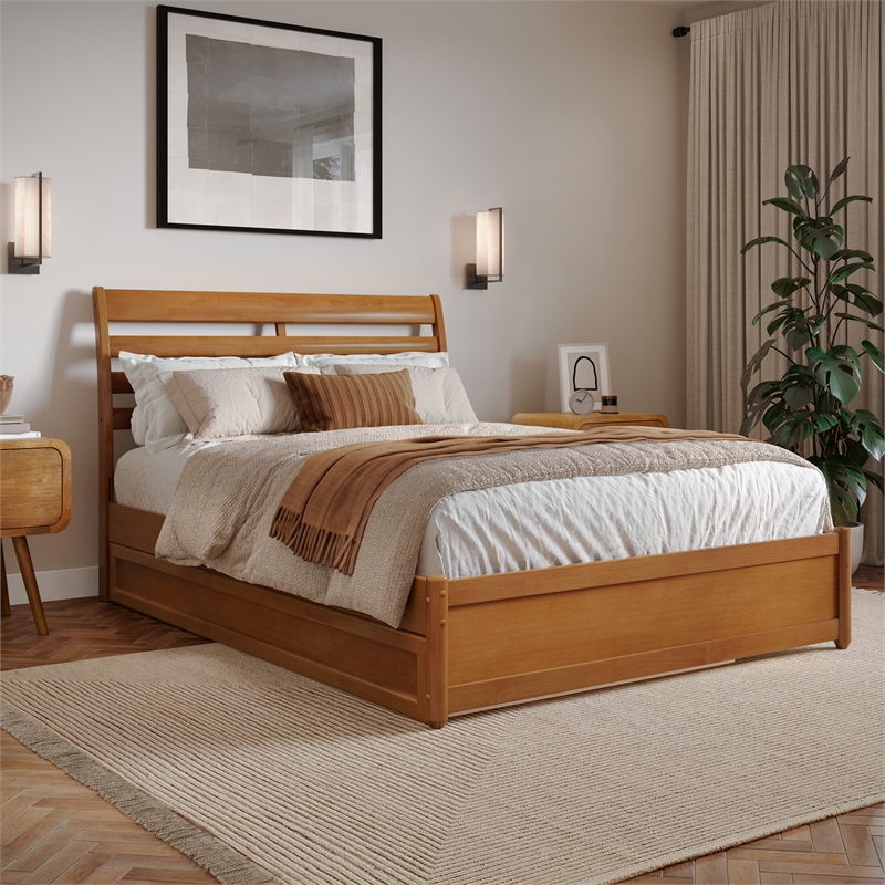 Emelie Full Platform Bed with Panel Footboard & Twin Trundle in Light Toffee