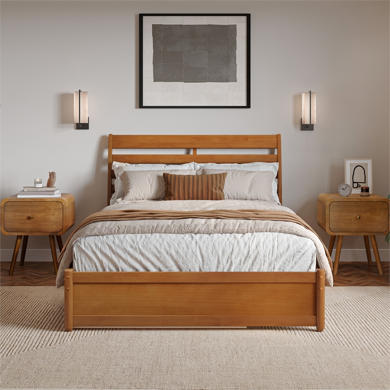 Emelie Full Platform Bed with Panel Footboard & Twin Trundle in Light Toffee