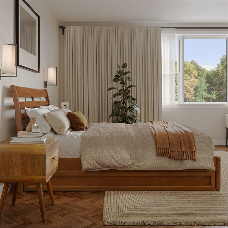 Emelie Full Platform Bed with Panel Footboard & Twin Trundle in Light Toffee