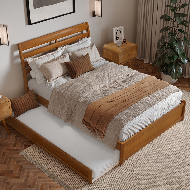 Emelie Full Platform Bed with Panel Footboard & Twin Trundle in Light Toffee