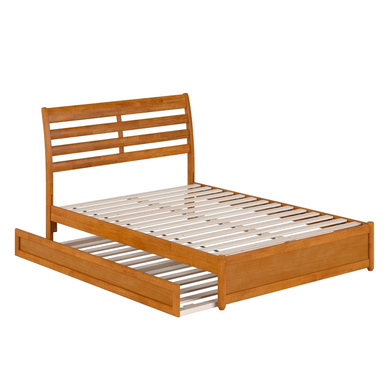 Emelie Full Platform Bed with Panel Footboard & Twin Trundle in Light Toffee