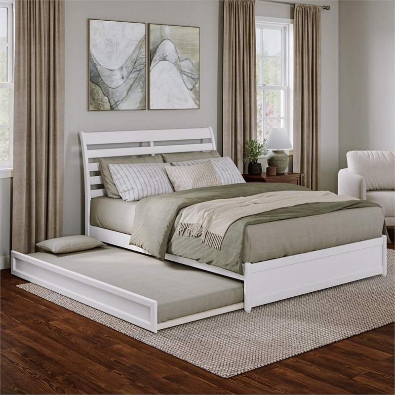 Emelie Queen Wood Platform Bed with Panel Footboard and Twin XL Trundle in White