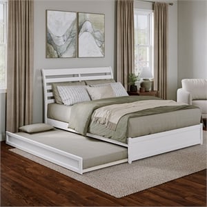 Emelie Queen Wood Platform Bed with Panel Footboard and Twin XL Trundle in White