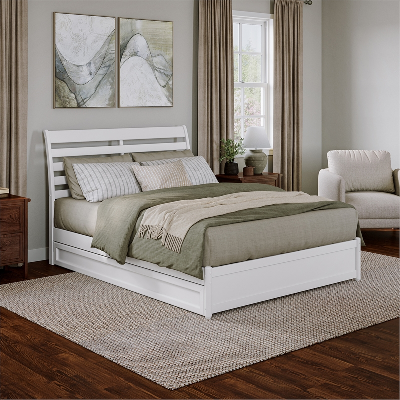 Emelie Queen Wood Platform Bed with Panel Footboard and Twin XL Trundle in White