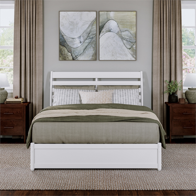 Emelie Queen Wood Platform Bed with Panel Footboard and Twin XL Trundle in White