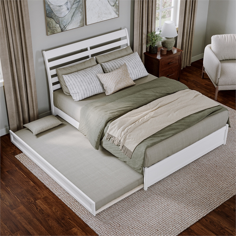 Emelie Queen Wood Platform Bed with Panel Footboard and Twin XL Trundle in White