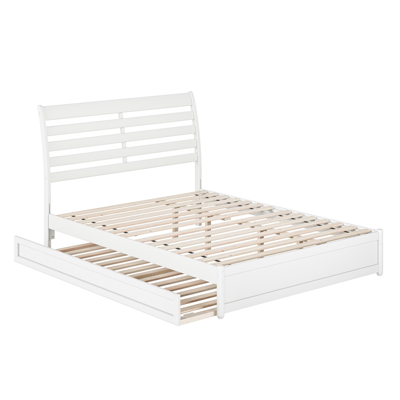 Emelie Queen Wood Platform Bed with Panel Footboard and Twin XL Trundle in White