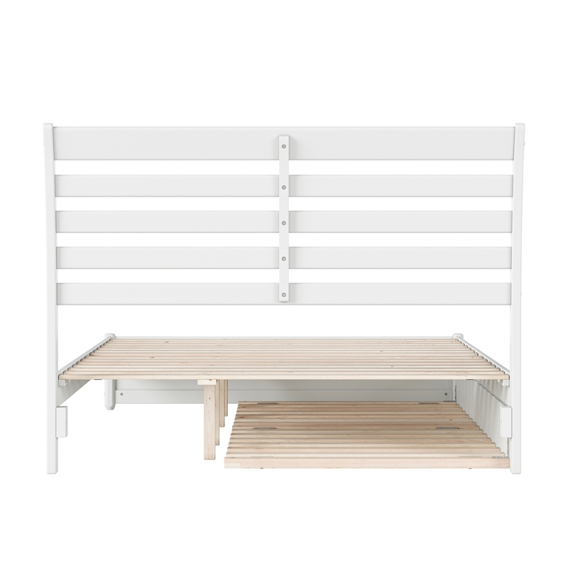 Emelie Queen Wood Platform Bed with Panel Footboard and Twin XL Trundle in White