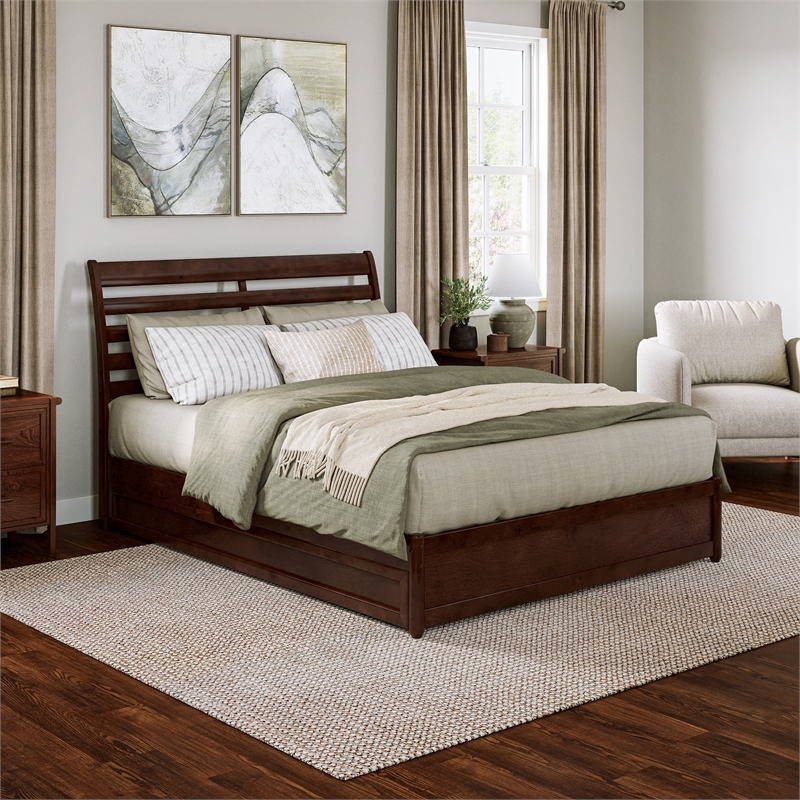 Emelie Queen Wood Platform Bed with Panel Footboard & Twin XL Trundle in Walnut