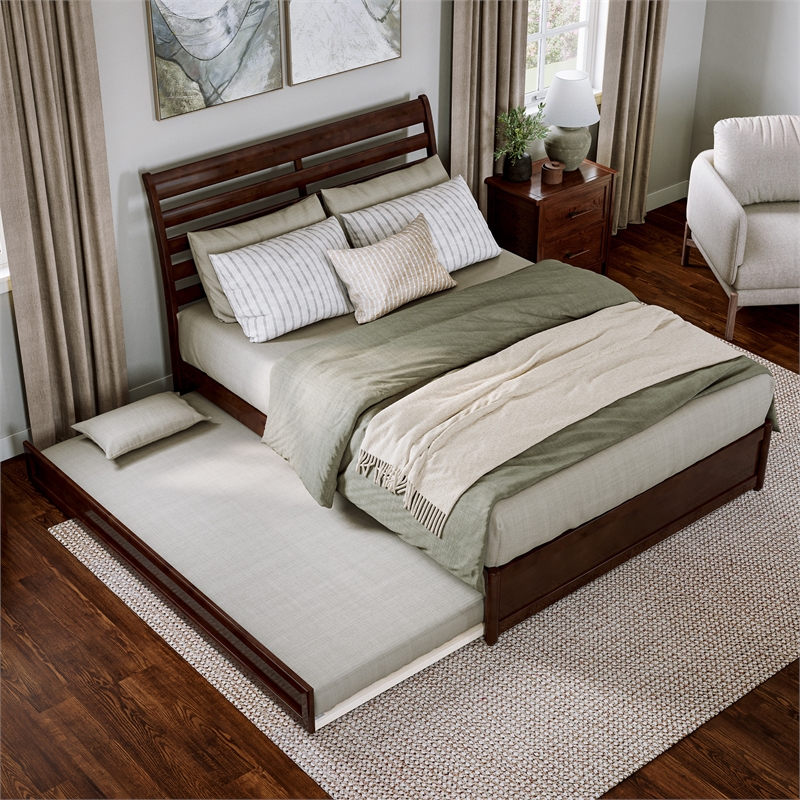 Emelie Queen Wood Platform Bed with Panel Footboard & Twin XL Trundle in Walnut