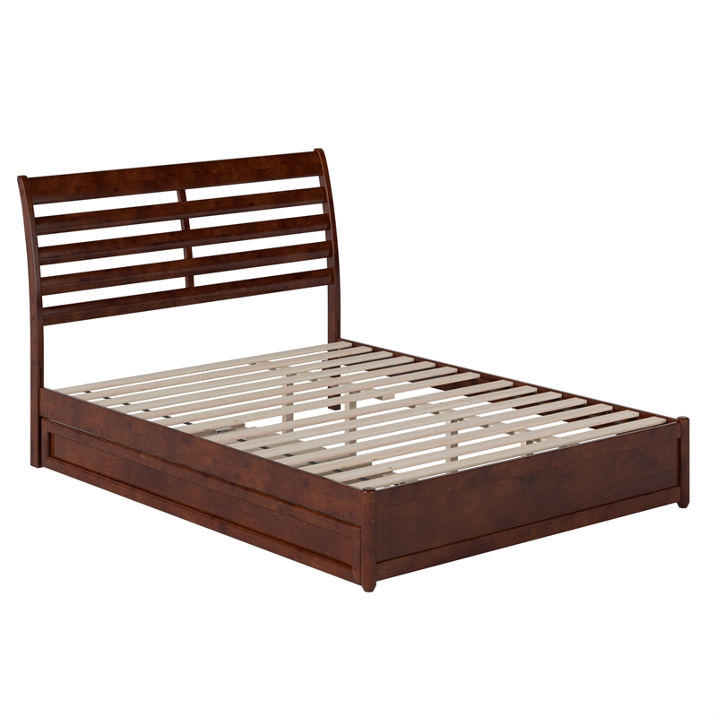 Emelie Queen Wood Platform Bed with Panel Footboard & Twin XL Trundle in Walnut