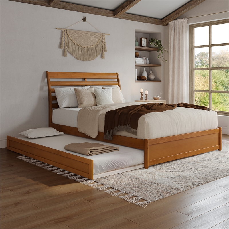 Emelie Queen Platform Bed with Panel Footboard & TXL Trundle in Light Toffee