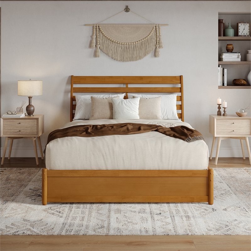 Emelie Queen Platform Bed with Panel Footboard & TXL Trundle in Light Toffee