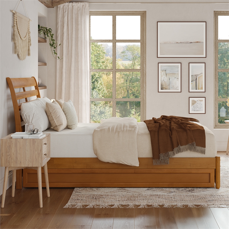 Emelie Queen Platform Bed with Panel Footboard & TXL Trundle in Light Toffee