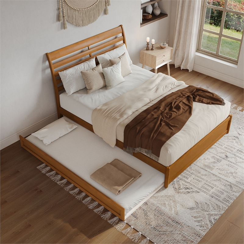 Emelie Queen Platform Bed with Panel Footboard & TXL Trundle in Light Toffee