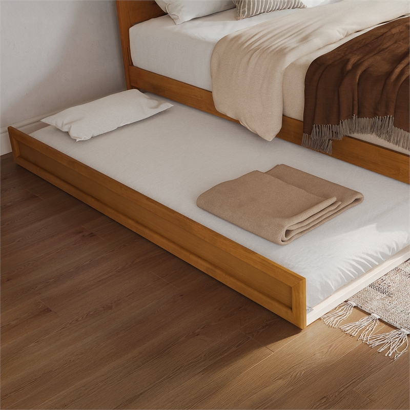 Emelie Queen Platform Bed with Panel Footboard & TXL Trundle in Light Toffee