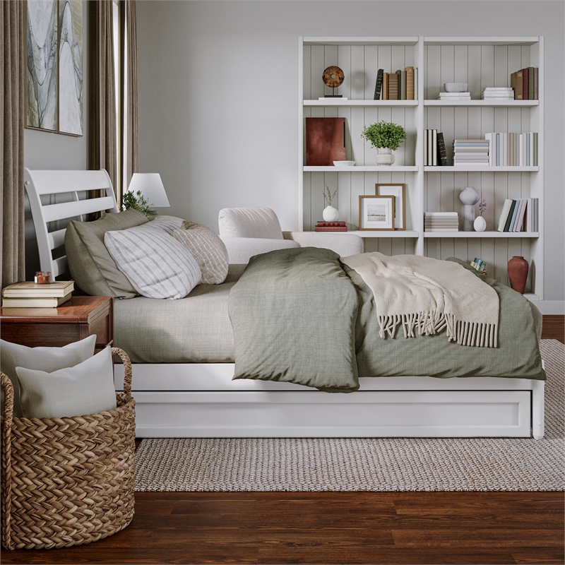 Emelie King Wood Platform Bed with Panel Footboard and Twin XL Trundle in White