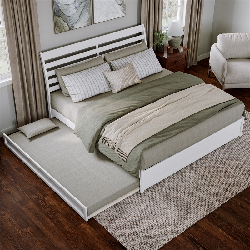 Emelie King Wood Platform Bed with Panel Footboard and Twin XL Trundle in White