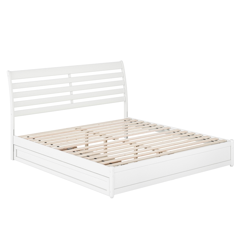 Emelie King Wood Platform Bed with Panel Footboard and Twin XL Trundle in White