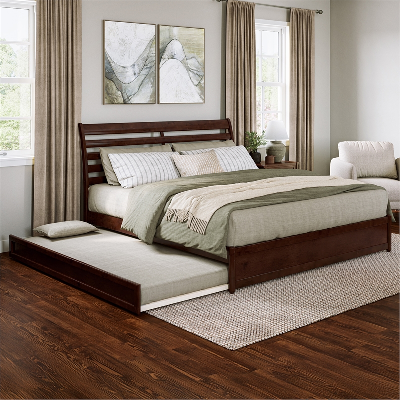 Emelie King Wood Platform Bed with Panel Footboard and Twin XL Trundle in Walnut