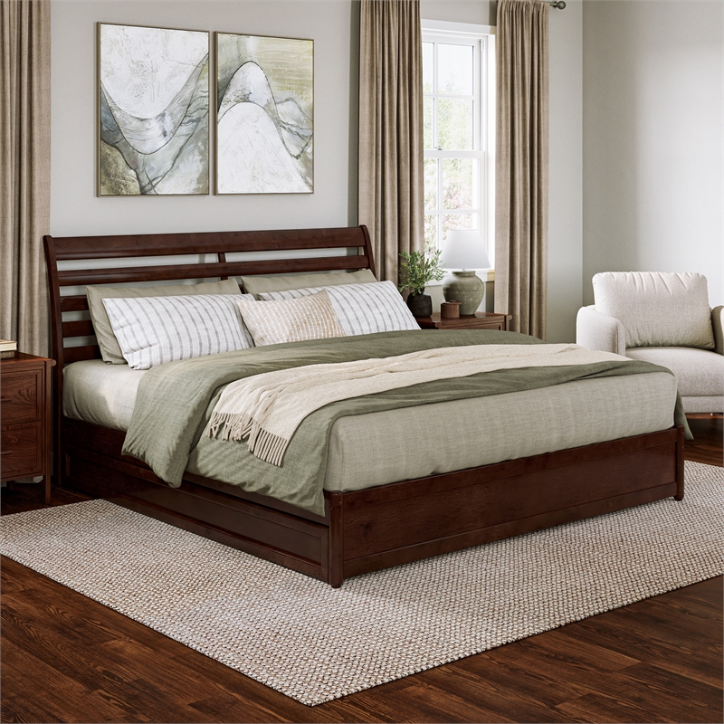 Emelie King Wood Platform Bed with Panel Footboard and Twin XL Trundle in Walnut