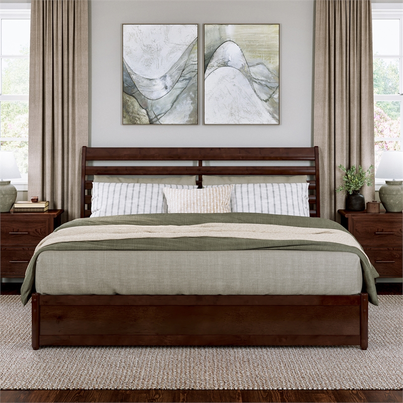 Emelie King Wood Platform Bed with Panel Footboard and Twin XL Trundle in Walnut