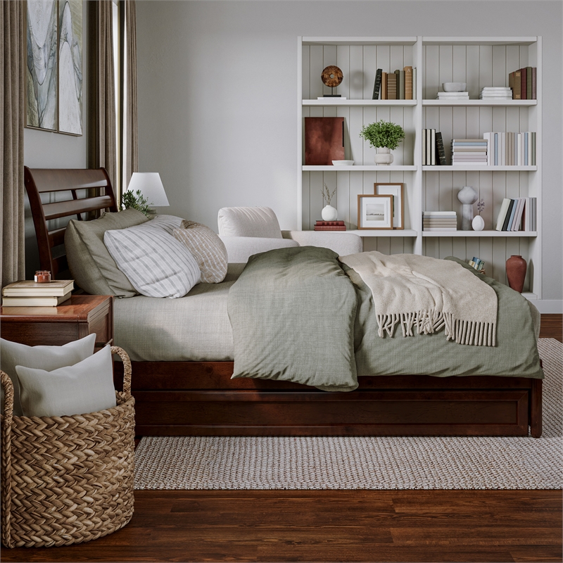 Emelie King Wood Platform Bed with Panel Footboard and Twin XL Trundle in Walnut