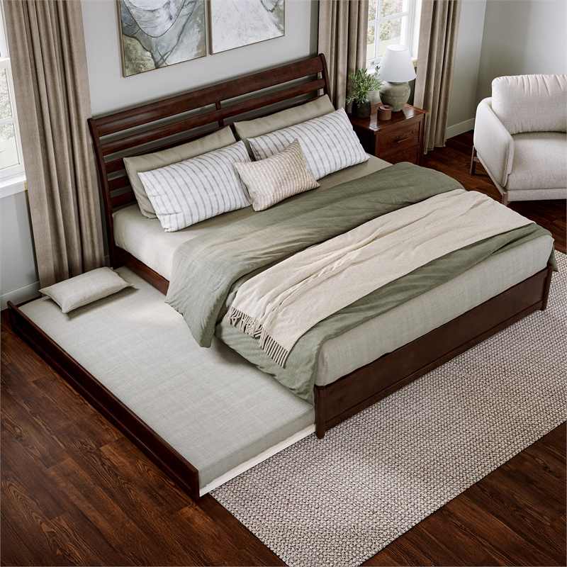 Emelie King Wood Platform Bed with Panel Footboard and Twin XL Trundle in Walnut