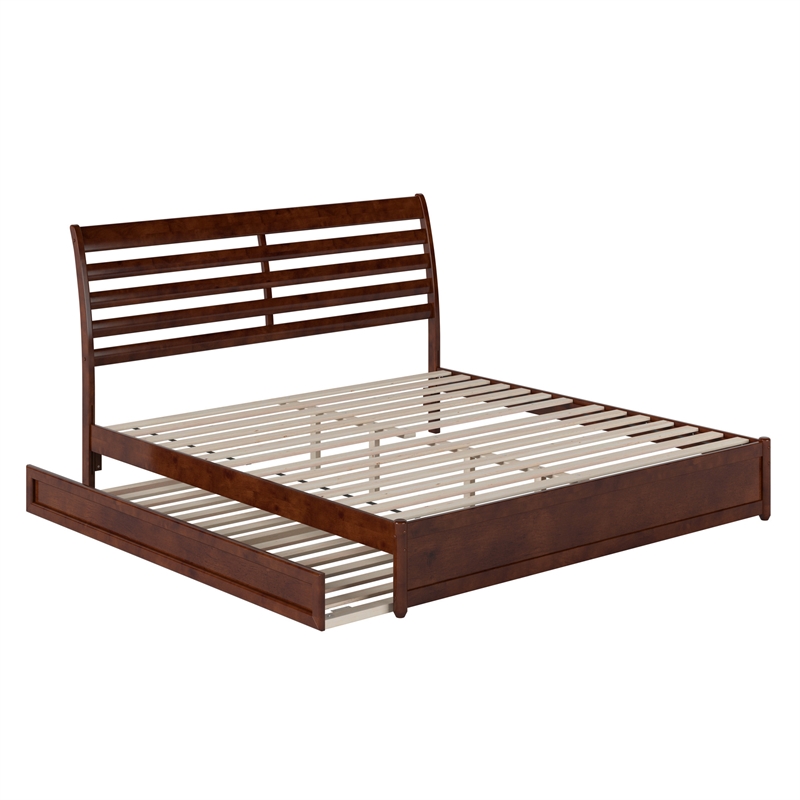Emelie King Wood Platform Bed with Panel Footboard and Twin XL Trundle in Walnut
