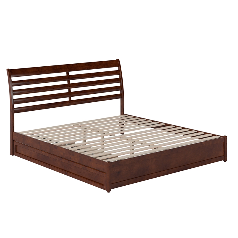 Emelie King Wood Platform Bed with Panel Footboard and Twin XL Trundle in Walnut