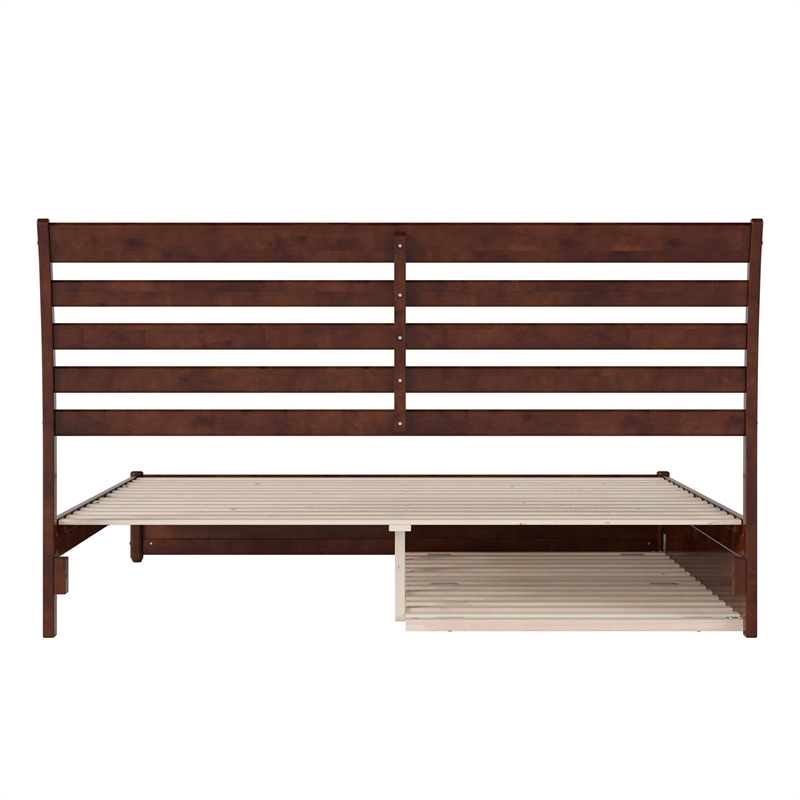 Emelie King Wood Platform Bed with Panel Footboard and Twin XL Trundle in Walnut