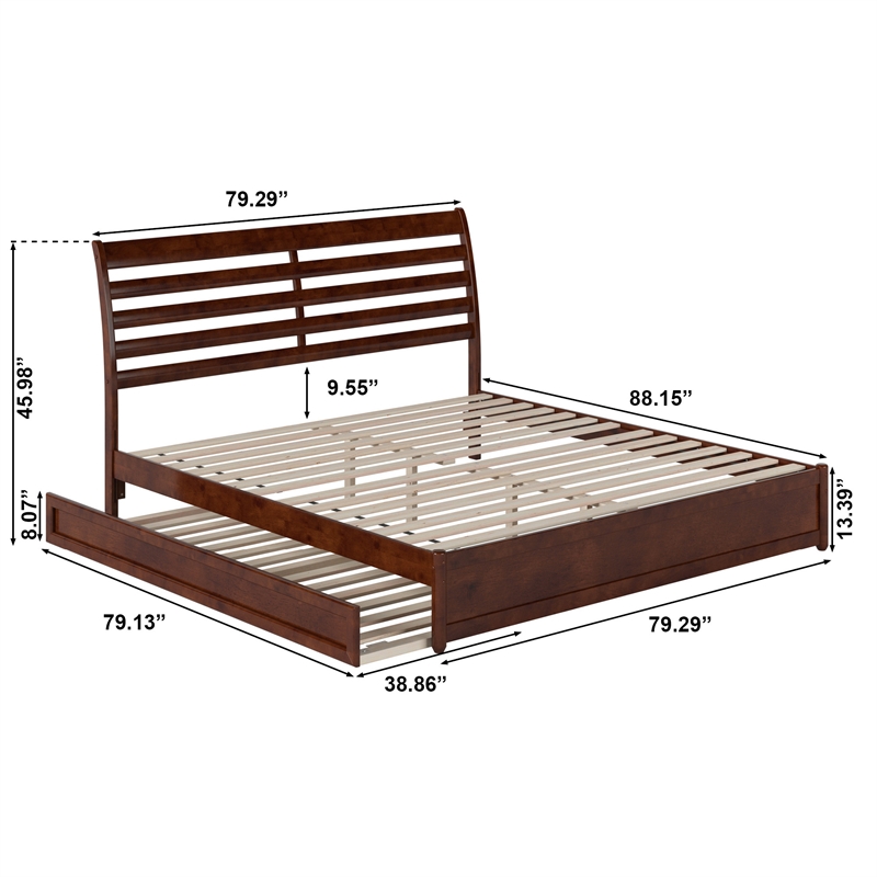 Emelie King Wood Platform Bed with Panel Footboard and Twin XL Trundle in Walnut