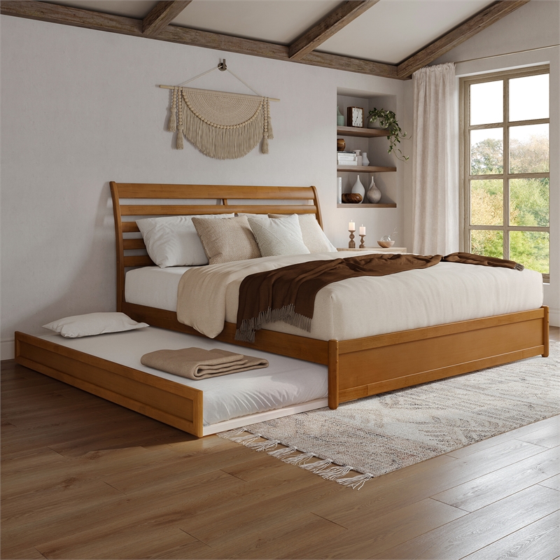 Emelie King Wood Platform Bed with Panel Footboard & TXL Trundle in Light Toffee