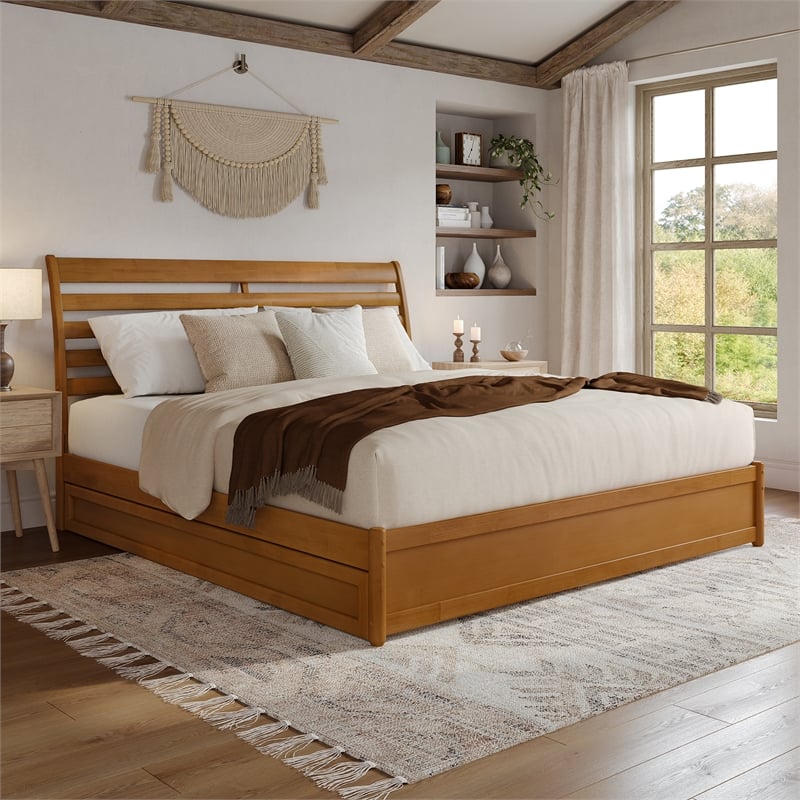 Emelie King Wood Platform Bed with Panel Footboard & TXL Trundle in Light Toffee