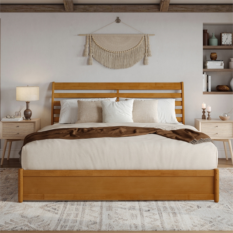 Emelie King Wood Platform Bed with Panel Footboard & TXL Trundle in Light Toffee